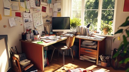A sunny workspace features a cluttered desk and a bright window view