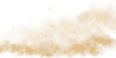 Magic golden smoke with glitter and small particles of twinkling stars. Fog with luminous particles. Yellow vapor with stardust. Morning fog over land or water surface, magic haze. Fog or smoke. PNG.