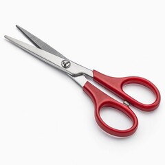 A modern pair of scissors with sleek silver blades and red rubber-coated handles, isolated on a white background
