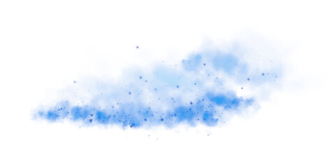Magic blue smoke with glitter and small particles of twinkling stars. Fog with luminous particles. Blue vapor with stardust. Morning fog over land or water surface, magic haze. Fog or smoke. PNG.