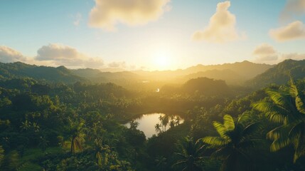 Majestic sunrise over a tropical forest valley, perfect for environmental campaigns and wellness-themed designs