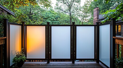 Modern privacy panels on a deck overlooking a lush backyard