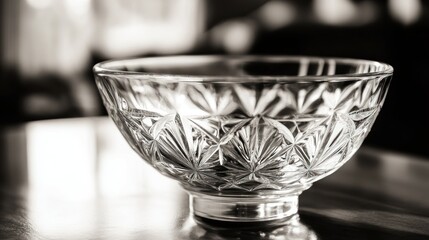 A decorative glass bowl rests on a reflective wooden surface