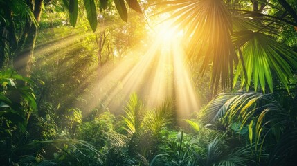 Obraz premium Majestic tropical rainforest with golden sunlight peeking through, a perfect eco-friendly and sustainable concept