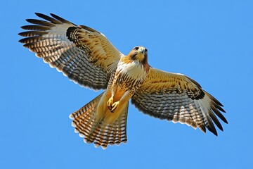 Fototapeta premium Majestic hawk soaring gracefully in the clear blue sky captures the essence of nature's beauty
