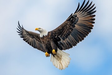 Fototapeta premium Bald eagle soaring gracefully in a blue sky during a clear daytime