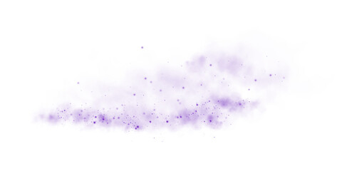 Magic purple smoke with glitter and small particles of twinkling stars. Fog with luminous particles. Purple vapor with stardust. Morning fog over land or water surface, magic haze. Fog or smoke. PNG.