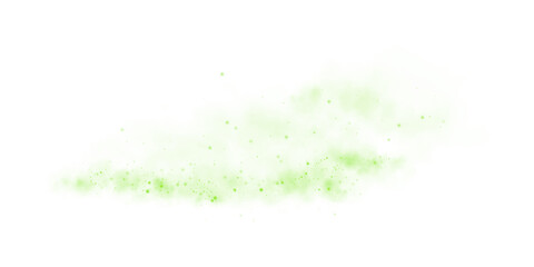 Magic green smoke with glitter and small particles of twinkling stars. Fog with luminous particles. Green vapor with stardust. Morning fog over land or water surface, magic haze. Fog or smoke. PNG.