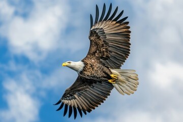 Obraz premium Bald eagle soaring in a blue sky with fluffy clouds during a sunny day