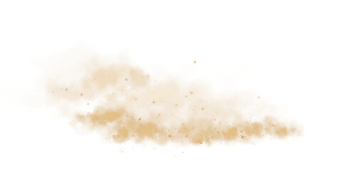 Magic golden smoke with glitter and small particles of twinkling stars. Fog with luminous particles. Yellow vapor with stardust. Morning fog over land or water surface, magic haze. Fog or smoke. PNG.