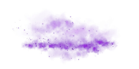 Magic purple smoke with glitter and small particles of twinkling stars. Fog with luminous particles. Purple vapor with stardust. Morning fog over land or water surface, magic haze. Fog or smoke. PNG.
