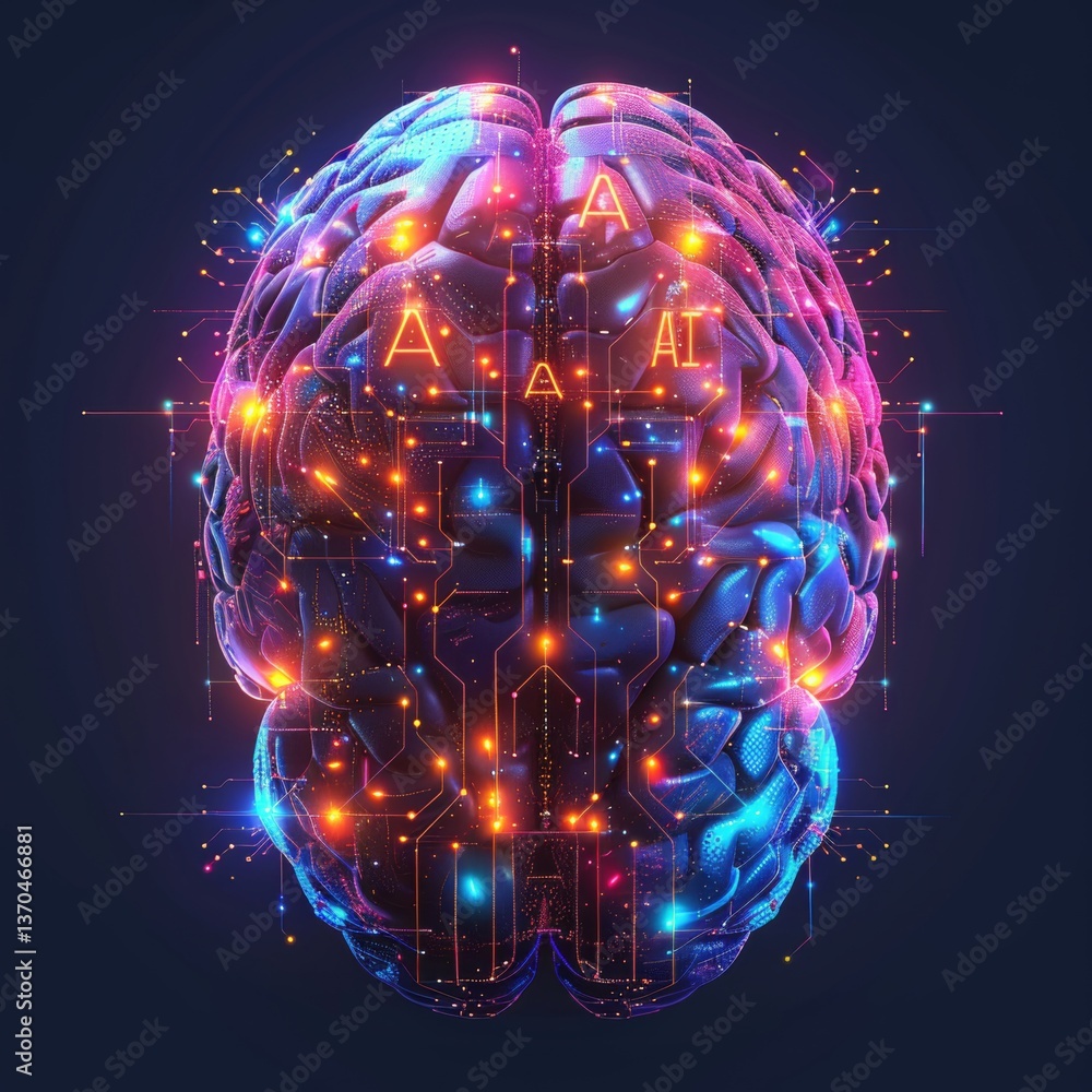 Poster a vibrant portrayal of artificial intelligence showcases a stylized brain with intricate circuit pat