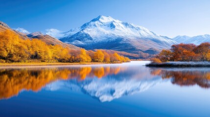 Serene autumnal lake reflecting snowy mountain peaks.  Golden foliage mirrored in calm waters