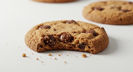 Fototapeta premium Delicious chocolate chip cookie with a bite taken against plain white background