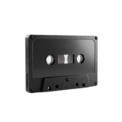 Obraz premium A black cassette tape with a white background, symbolizing retro music and nostalgia, perfect for themes related to old technology and vintage culture.