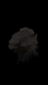 Realistic high resolution aerial explosion rendering with fire and smoke plume. Full frame 3D animation fireball detonation and combustion on black background with alpha channel. Cgi vfx plate shot.