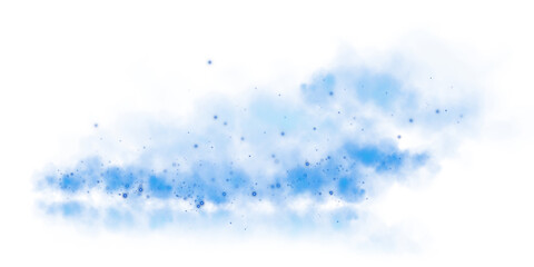 Magic blue smoke with glitter and small particles of twinkling stars. Fog with luminous particles. Blue vapor with stardust. Morning fog over land or water surface, magic haze. PNG.