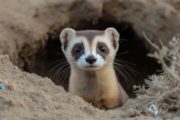 Fototapeta premium Curious small mammal emerges from burrow in natural habitat during daylight