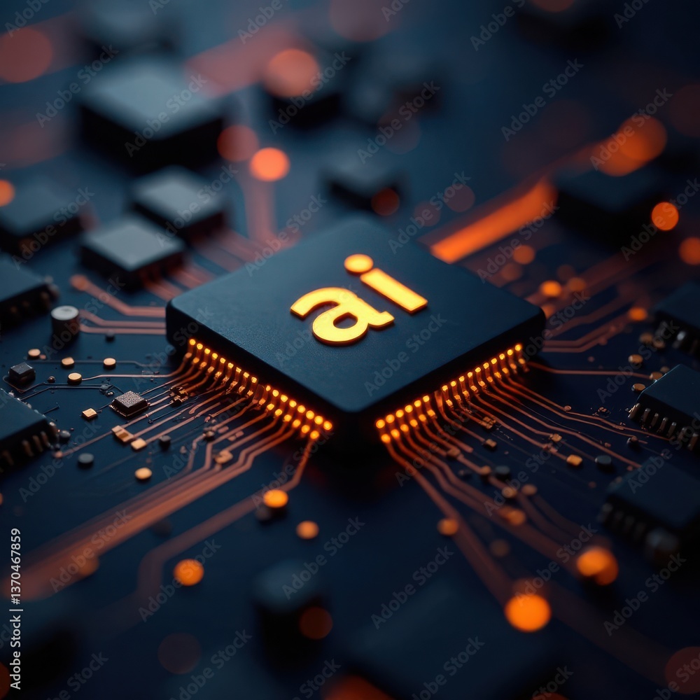 Poster a sleek microchip illuminated in orange light highlights the role of artificial intelligence in tech