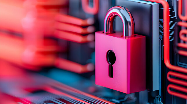 Pink Padlock on Red Circuit Board Closeup - Powered by Adobe