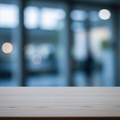 Obraz premium Modern Office Background Blur with Wooden Table for Product Display, Perfect for Business Presentations
