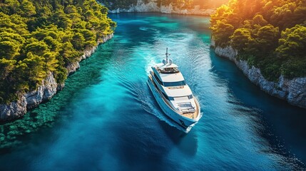 Luxurious yacht sailing through a turquoise cove
