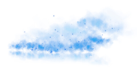 Magic blue smoke with glitter and small particles of twinkling stars. Fog with luminous particles. Blue vapor with stardust. Morning fog over land or water surface, magic haze. PNG.