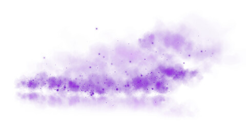 Magic purple smoke with glitter and small particles of twinkling stars. Fog with luminous particles. Purple vapor with stardust. Morning fog over land or water surface, magic haze. Fog or smoke. PNG.