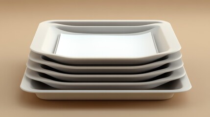 Stack of square white ceramic plates on a neutral beige background.