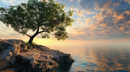 Obraz premium A lone tree clings to a rocky ledge beside calm waters, the sky above glowing in soft shades of blue and orange.