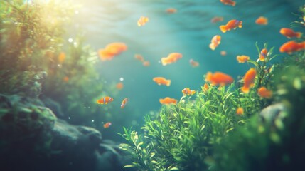Fototapeta premium Underwater view of fish swimming among plants and algae in a sunny aquarium.