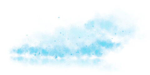 Magic blue smoke with glitter and small particles of twinkling stars. Fog with luminous particles. Blue vapor with stardust. Morning fog over land or water surface, magic haze. PNG.