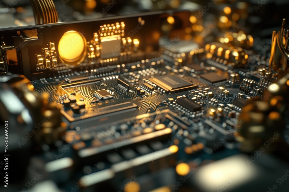 Poster close-up view of a computer circuit board with intricate details and glowing components