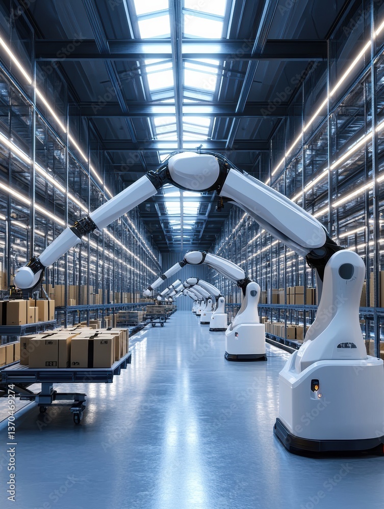 Poster futuristic e-commerce warehouse featuring robotic arms sorting packages with automated systems and p