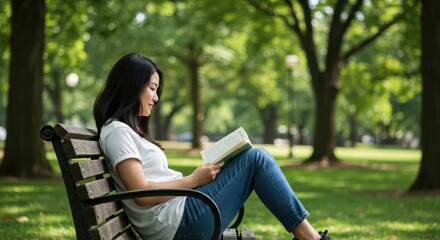 Obraz premium Serene Moment Reading a Book Outdoors on a Sunny Day in a Peaceful Park Setting, Perfect for Relaxation and Leisure