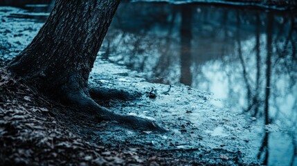 Fototapeta premium A large tree trunk beside a calm reflective body of water