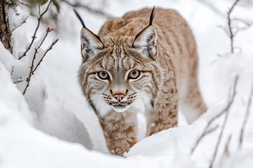 Obraz premium Lynx exploring a snowy forest in winter, showcasing its keen gaze and beautiful coat patterns