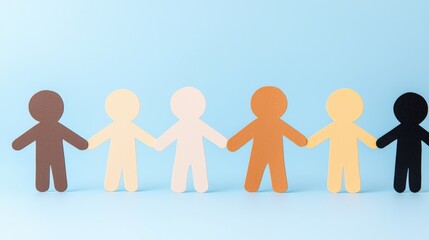 Colorful paper cutouts of people holding hands, representing diversity and unity against a soft blue background.