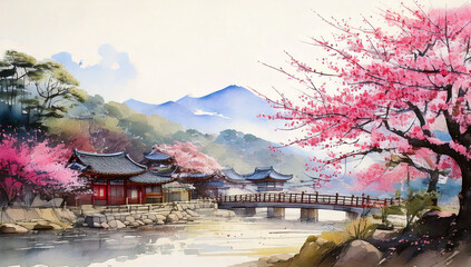 Ink and color painting background with Korean temple