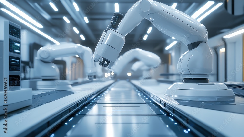Poster futuristic automated factory, robotic arms on assembly line