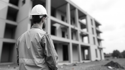 A construction engineer stands at a building site wearing a safety helmet and reflective jacket assessing the ongoing work on a partially completed structure under cloudy skies.