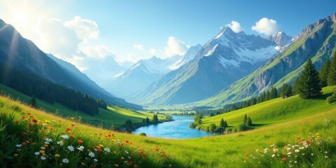 Obraz premium Serene Mountain Valley Landscape with a Winding River and Vibrant Wildflowers in Bloom