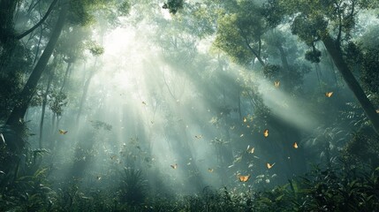 Sunlight streams through a lush, misty forest, filled with butterflies