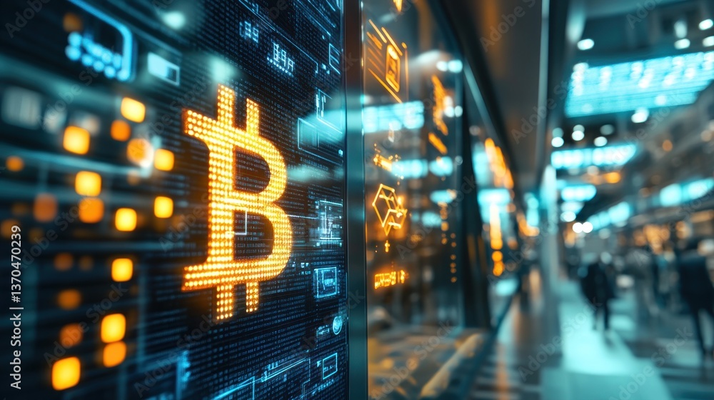 Aufkleber bitcoin digital currency displayed on a futuristic screen in a city setting