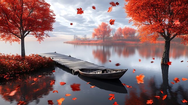 A serene autumn lake with trees in fiery red and orange reflected on its calm surface. A small wooden dock extends into the water, and a rowboat gently floats nearby, surrounded by falling leaves. 