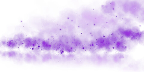 Magic purple smoke with glitter and small particles of twinkling stars. Fog with luminous particles. Purple vapor with stardust. Morning fog over land or water surface, magic haze. Fog or smoke. PNG.