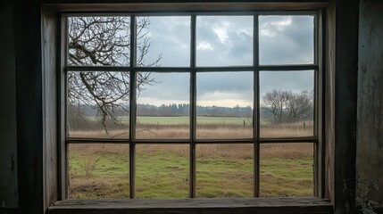 Naklejka premium Through the window, a lone tree stands in a quiet field beneath a cloudy sky, the muted tones creating a somber mood.