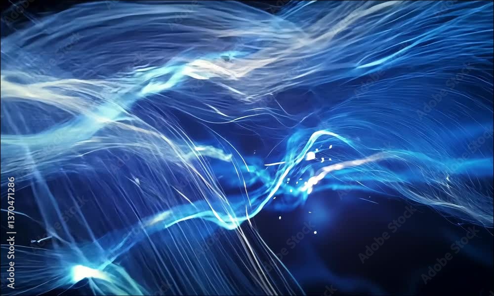 Poster a glowing, abstract wave of blue and white light, creating a dynamic and energetic visual effect aga