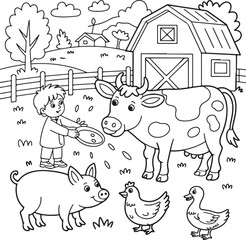 Boy feeding farm animals, coloring book