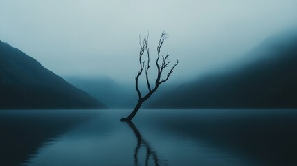 A solitary tree stands in the misty lake landscape environment